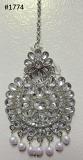 Mang Tika - Indian Designer Maang Silver CZ Stones Pearl Beads #3051774